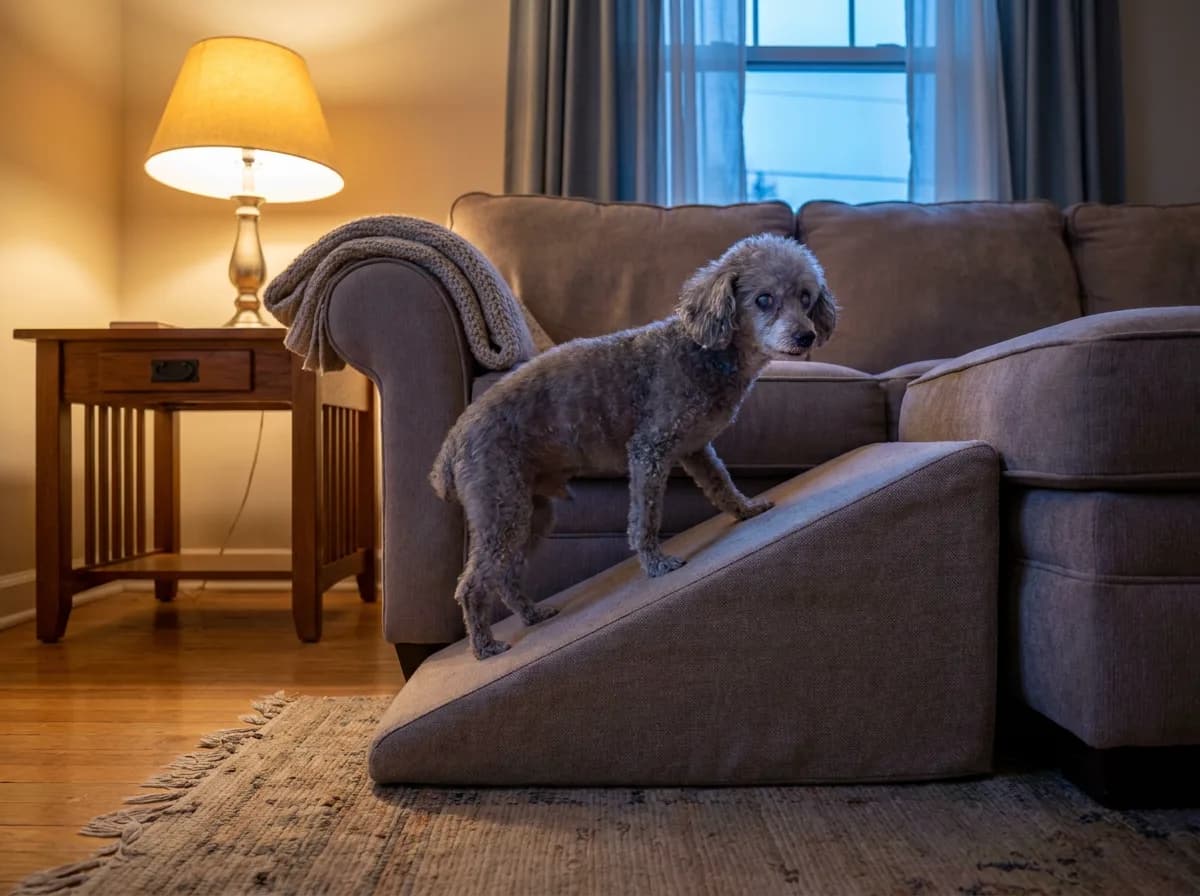 An elderly silver Poodle with a whitened muzzle and cloudy eyes stepping carefully up a carpeted ramp to a sofa