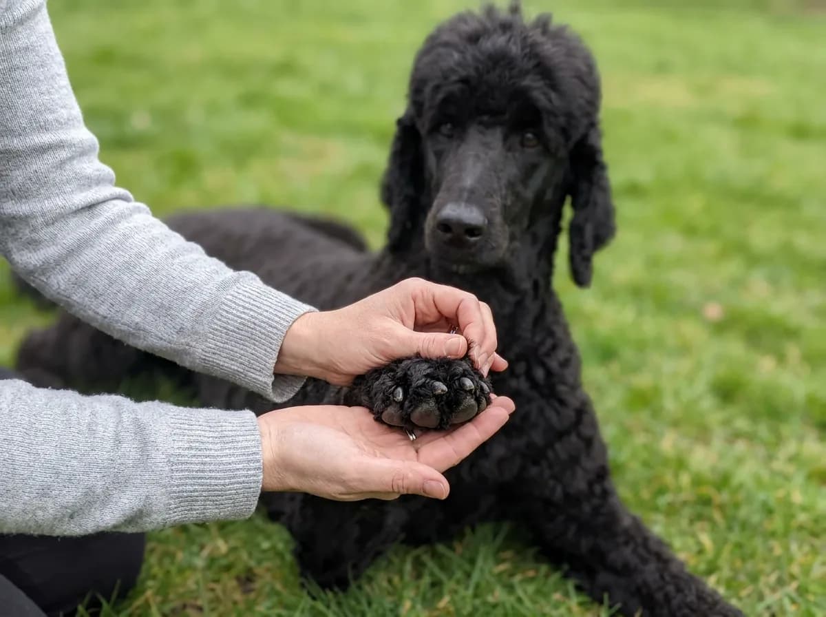 Owner's hands holding a black Standard Poodle's front paw to show its pads and black nails