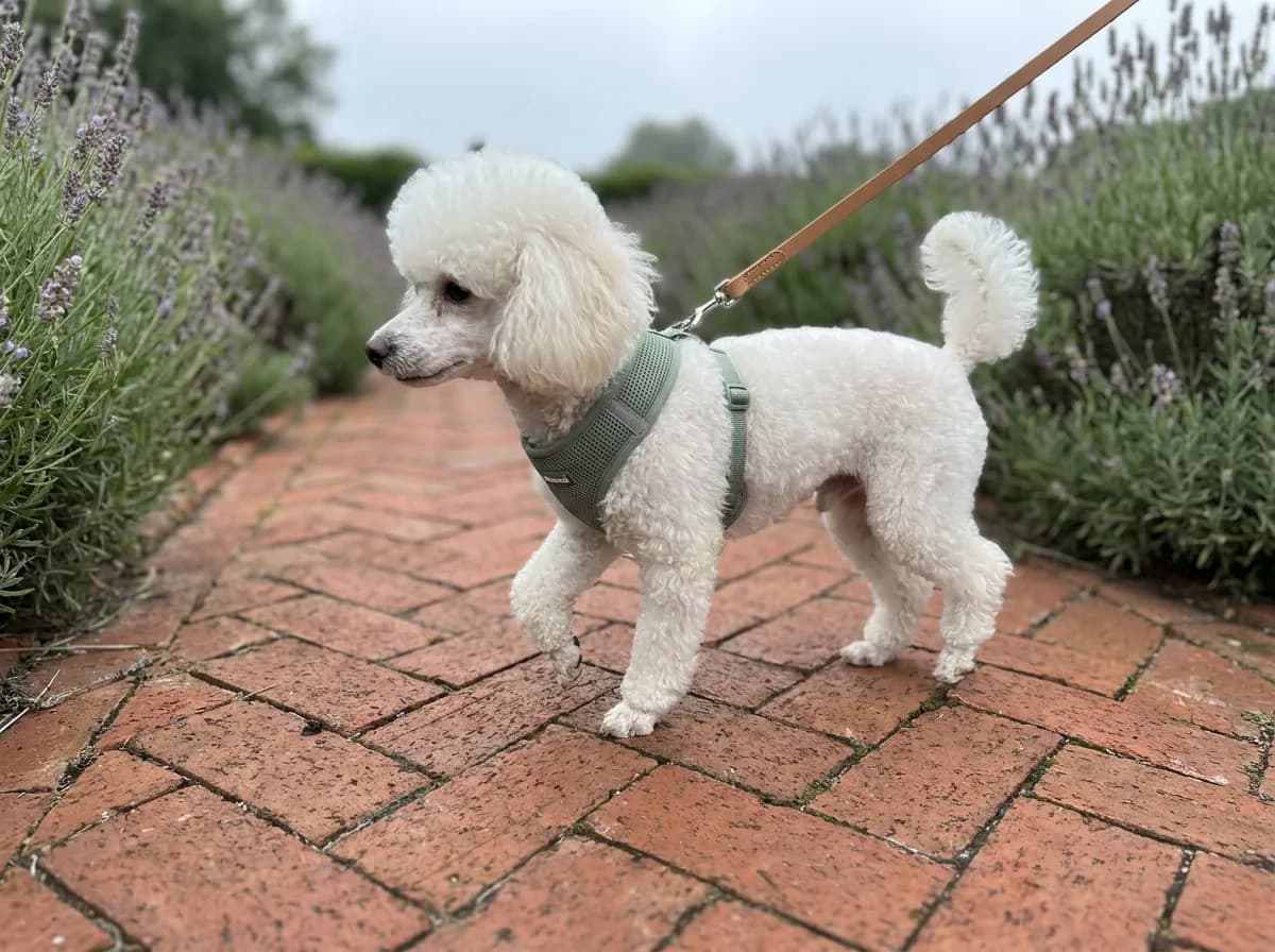 White Toy Poodle in a green harness walking on a brick garden path lined with lavender