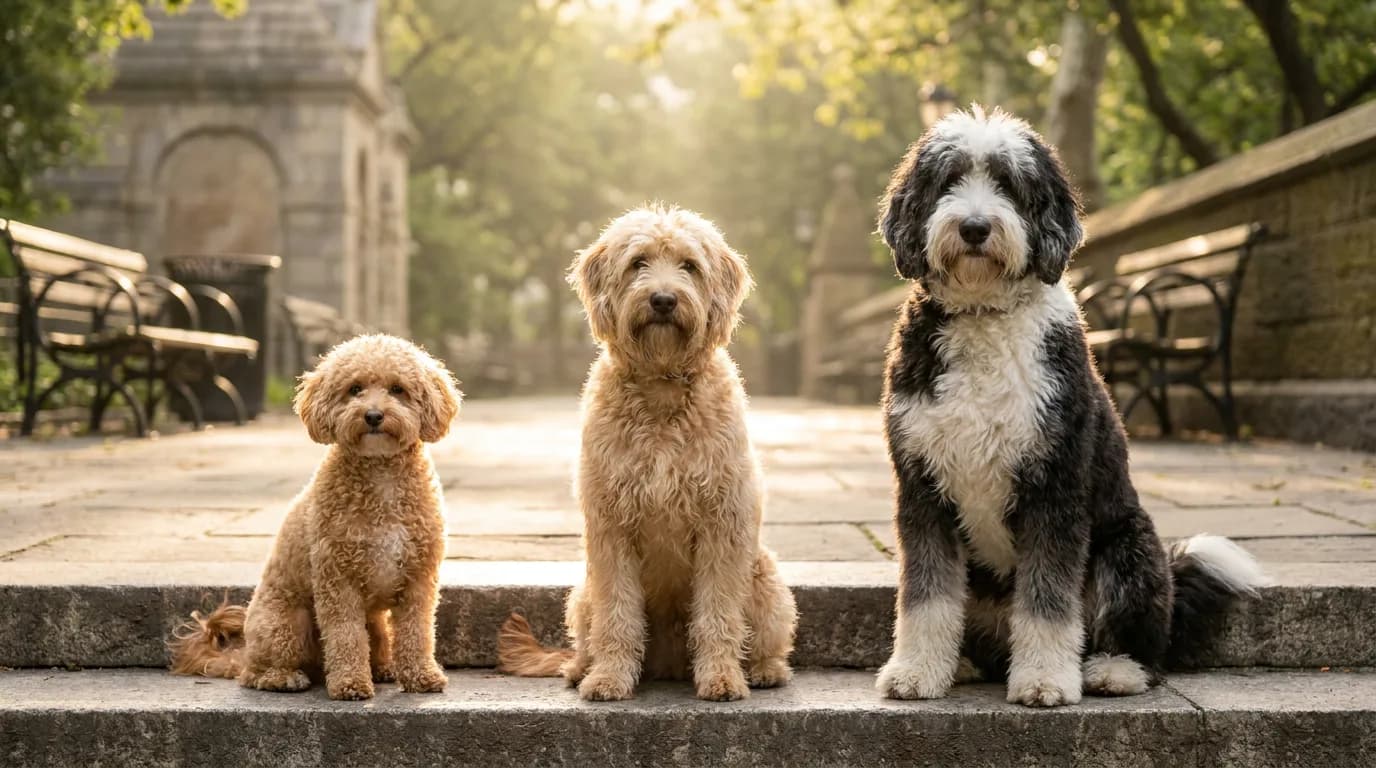 Small apricot Maltipoo, medium wheaten Whoodle, and large black-and-white Sheepadoodle sitting in a row on park steps