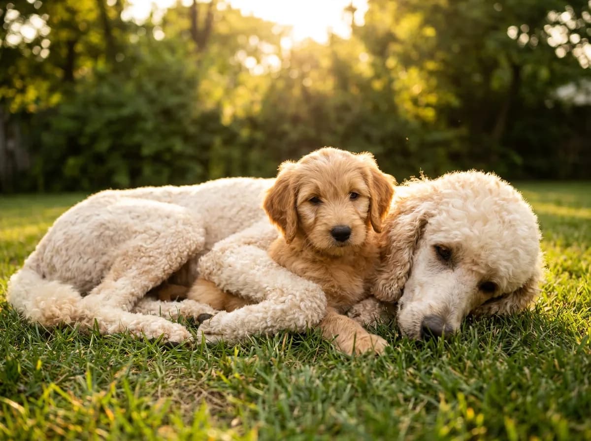 Cream Standard Poodle lying on a sunlit lawn, curled around a golden, wavy-coated Goldendoodle puppy