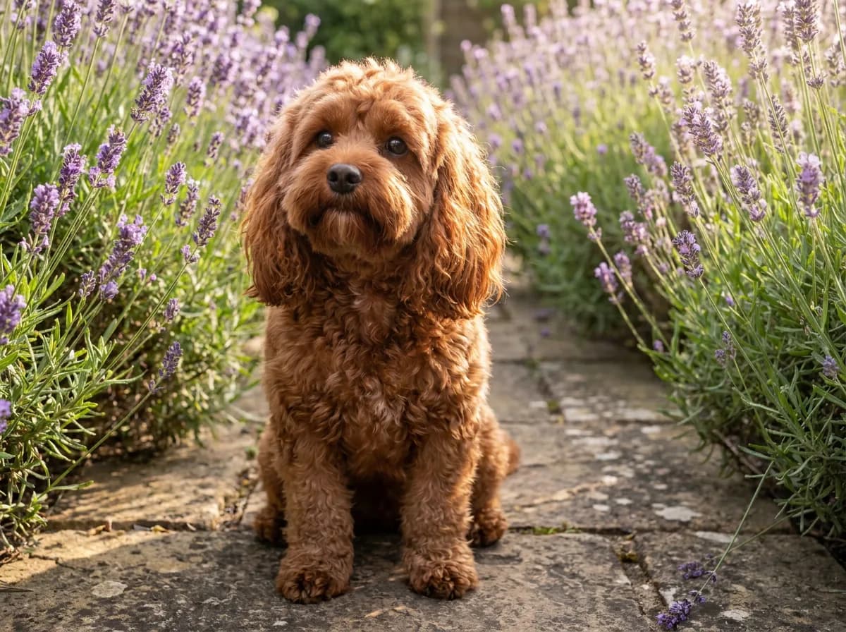 Adult ruby-red Cavapoo with a fluffy, wavy coat and long curly ears sitting on a stone garden path between lavender