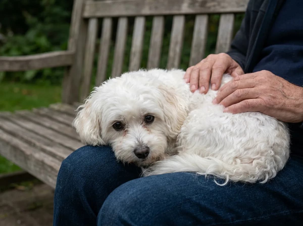 Adult white Maltipoo with a soft, loosely curled coat curled up on a person's lap on a wooden park bench