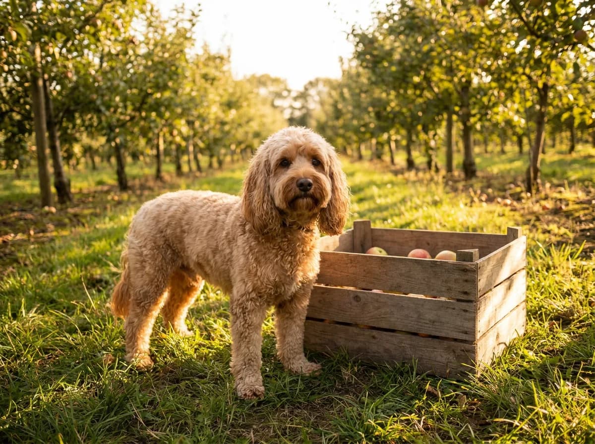 Adult apricot Cockapoo with loose curls and long curly ears standing beside a wooden crate of apples in an orchard