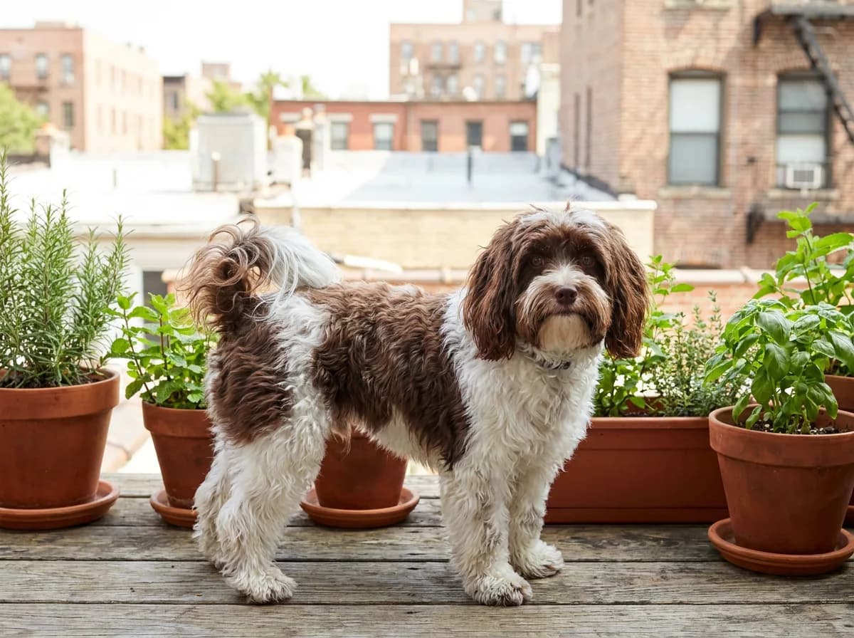 Adult chocolate-and-white Havapoo with a wavy coat and curled plumed tail standing among potted herbs on a city balcony