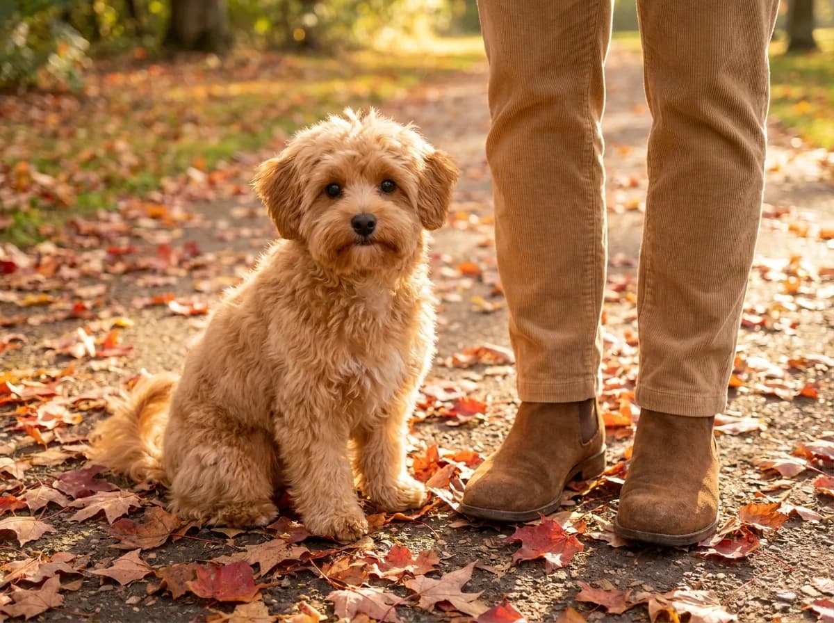 Adult Pomapoo, a Pomeranian and Poodle cross with a fluffy apricot coat, sitting on a leafy path beside a person's boots