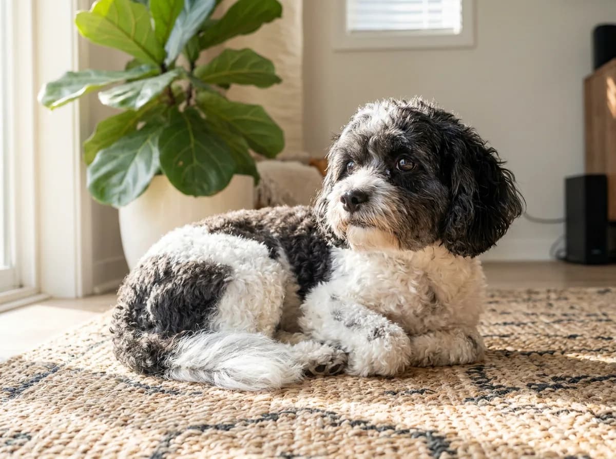 Adult black-and-white Shih-Poo with a curly coat and long wavy ears lying on a jute rug beside a fiddle-leaf fig