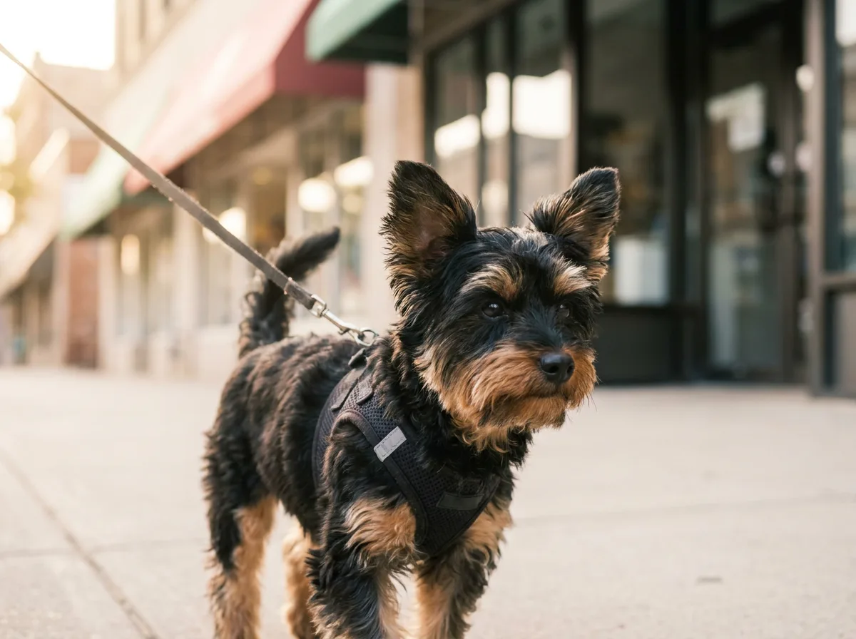 Black-and-tan Yorkipoo with upright ears and a tousled wavy coat, wearing a harness and leash on a city sidewalk