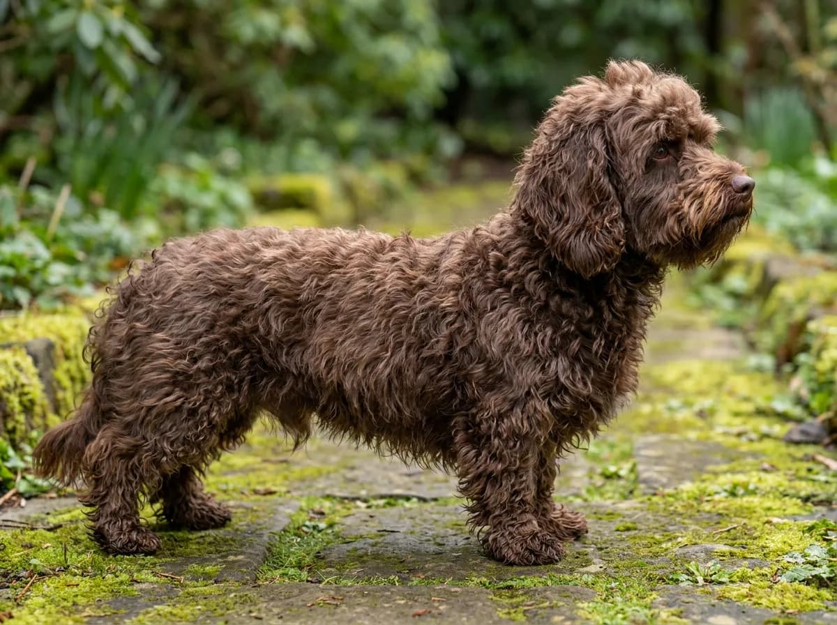 Chocolate Doxiepoo with a curly coat, long back, and short legs standing in side profile on a mossy stone garden path