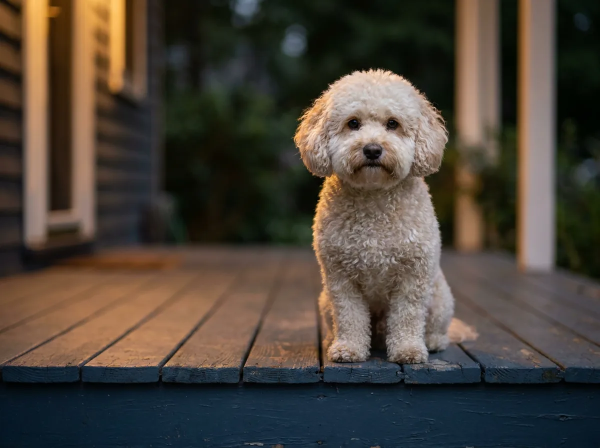 Cream Poochon with a dense curly coat and a rounded teddy-bear face sitting on a wooden porch at dusk