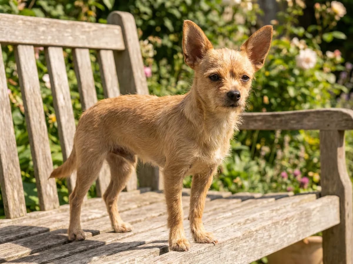 Fawn Chipoo with large upright ears and a short, scruffy coat standing on a weathered wooden garden bench