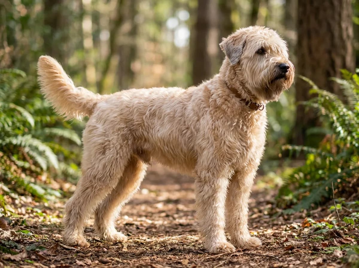 Pale wheaten Whoodle with a soft, wavy coat, a beard, and a square terrier build standing on a forest trail