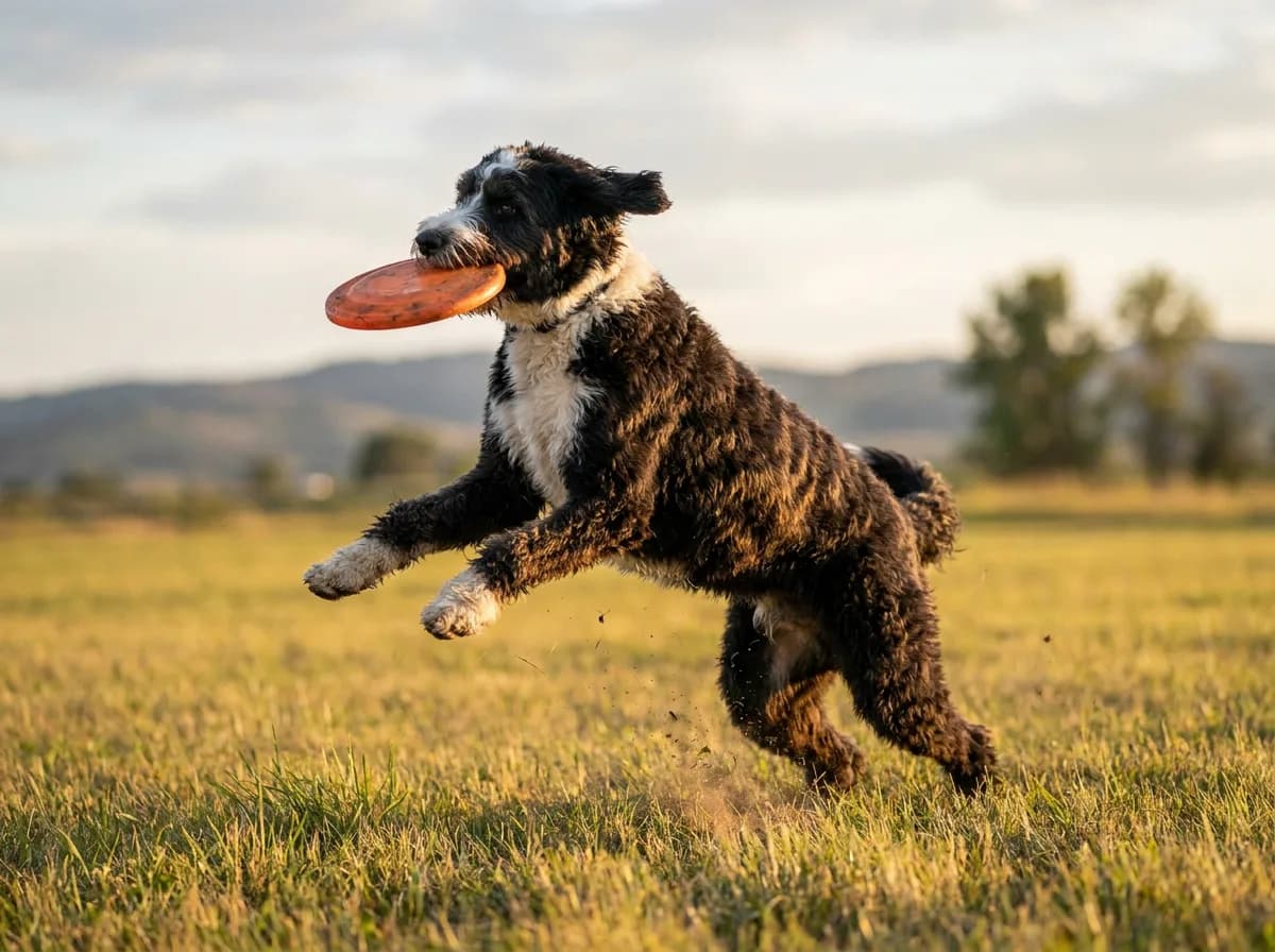 Black-and-white Bordoodle with a wavy coat and white blaze bounding across a grassy field with an orange disc in its mouth