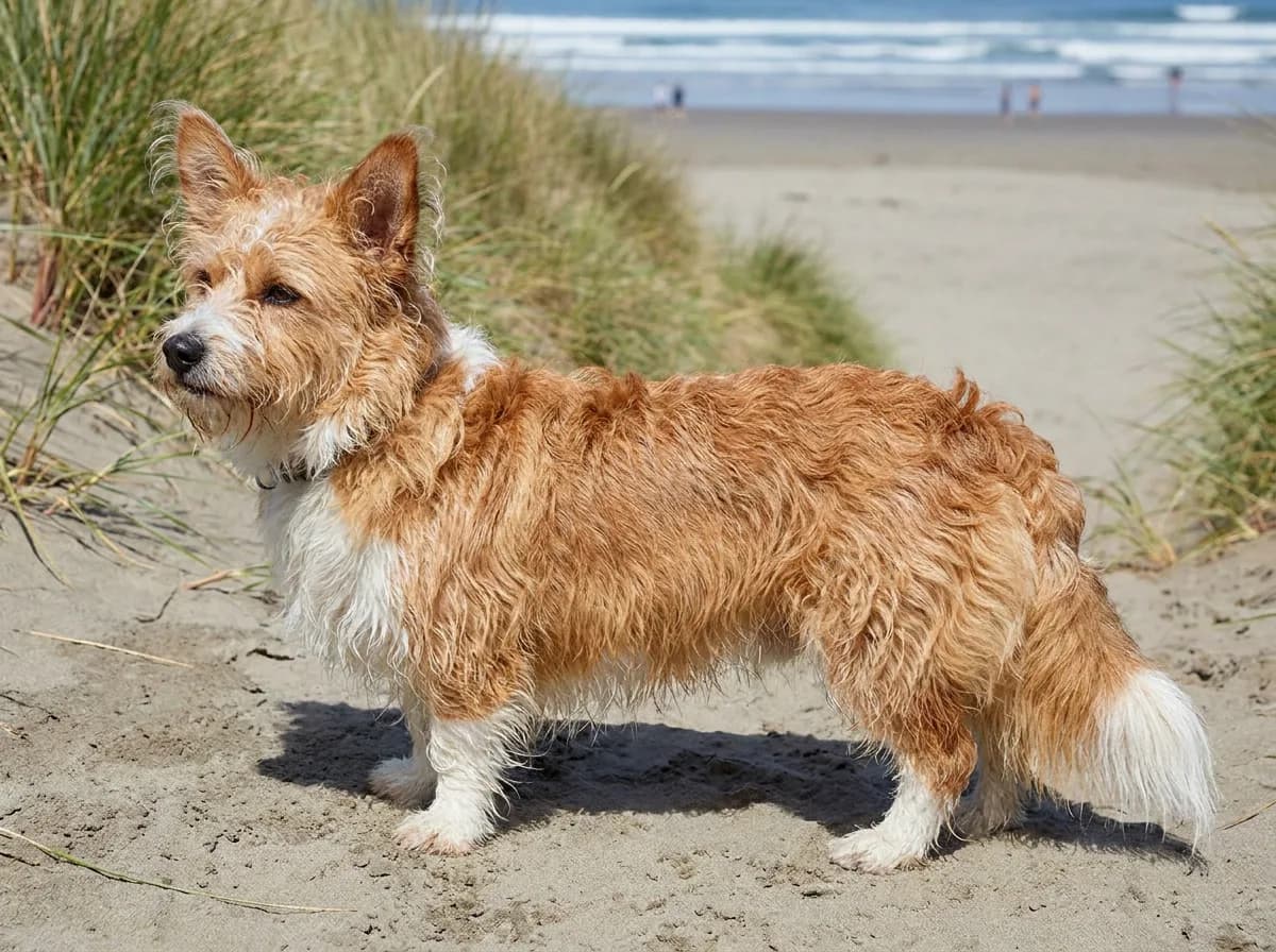 Red-and-white Corgipoo with a scruffy wavy coat, long back, and short legs standing on beach sand by the dunes