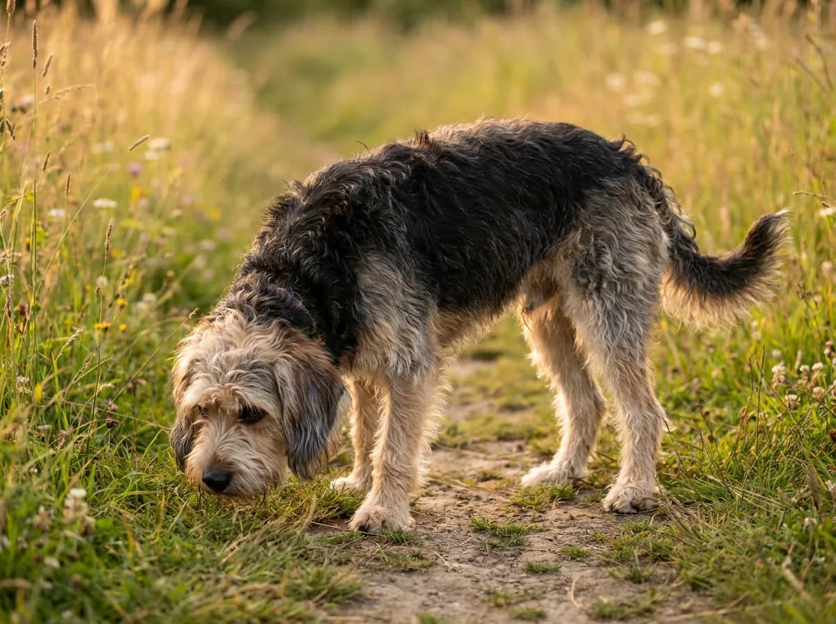 Shaggy Poogle with a black saddle, grizzled fawn face and legs, and long wavy ears sniffing along a meadow path