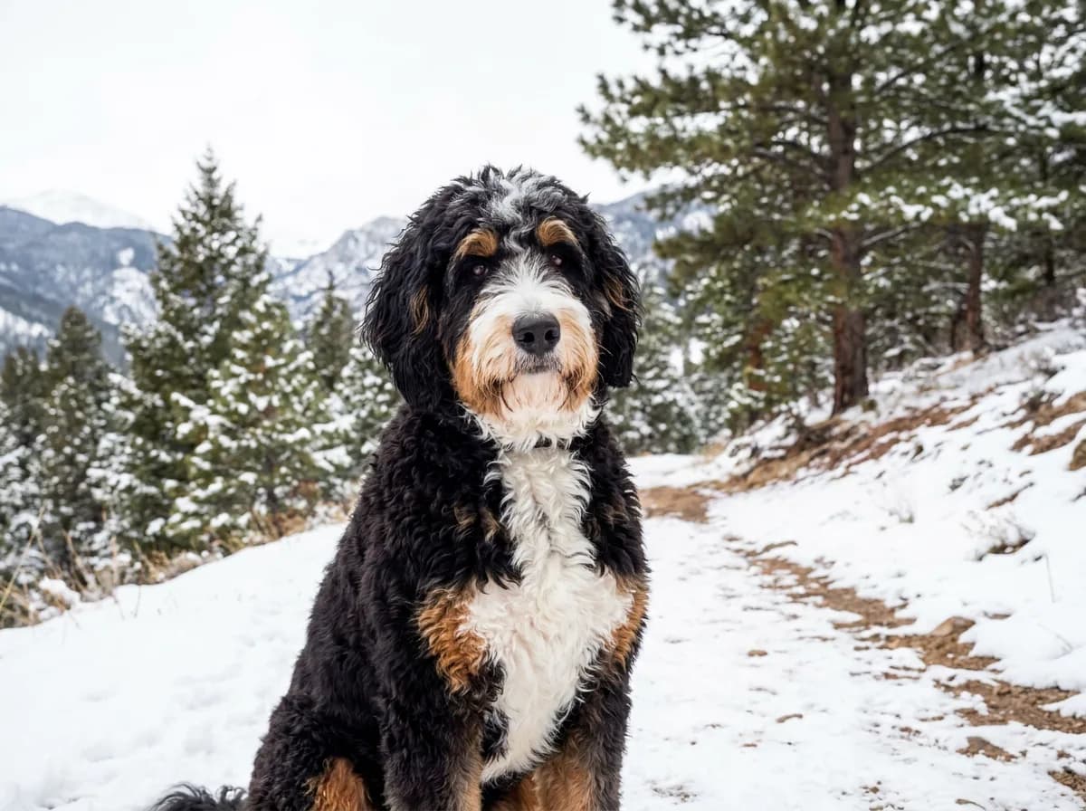 Tricolor Bernedoodle with a wavy black, white, and rust coat sitting on a snowy mountain trail beside pine trees