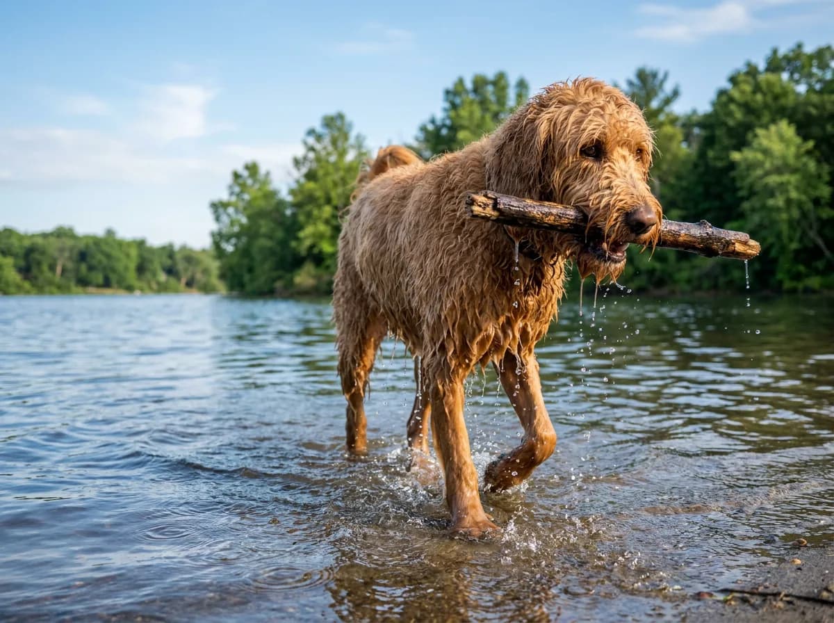 Wet golden Goldendoodle, a Golden Retriever and Poodle cross, wading out of a lake with a stick in its mouth