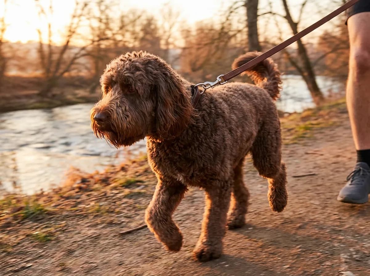Chocolate Labradoodle with a curly fleece coat trotting on a loose leash beside a runner on a riverside path
