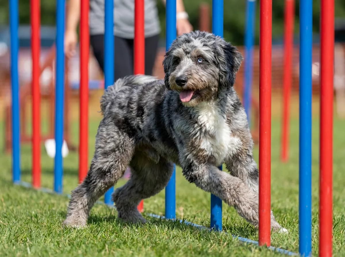 Blue merle Aussiedoodle, an Australian Shepherd and Poodle cross, with one blue eye weaving through agility poles