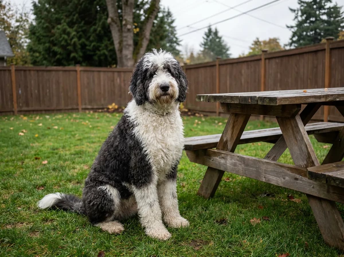 Black-and-white Sheepadoodle, an Old English Sheepdog and Poodle cross, sitting in a fenced backyard by a picnic table