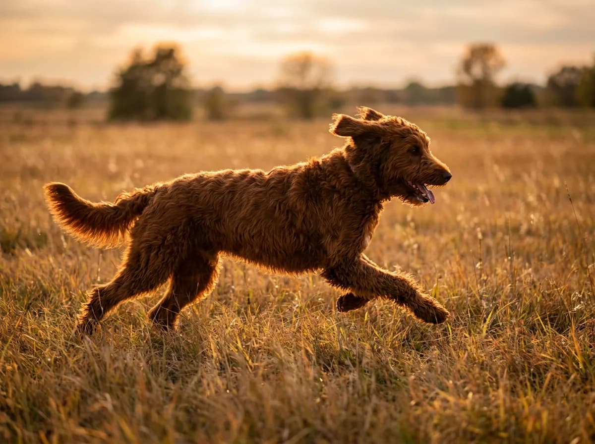 Red Irish Doodle, an Irish Setter and Poodle cross, galloping through a golden autumn field in late-day sun