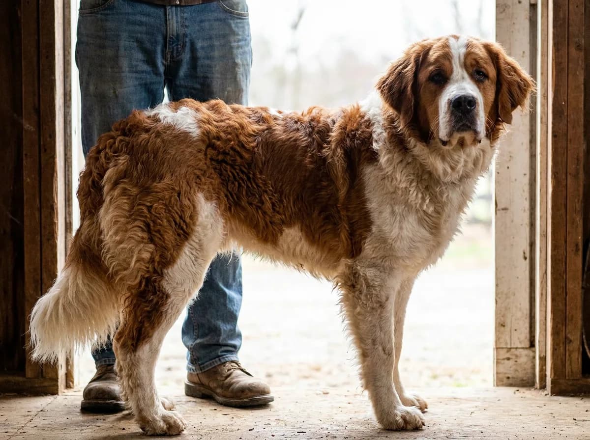 Wavy-coated red-and-white Saint Berdoodle, a Saint Bernard and Poodle cross, in a barn doorway beside a person