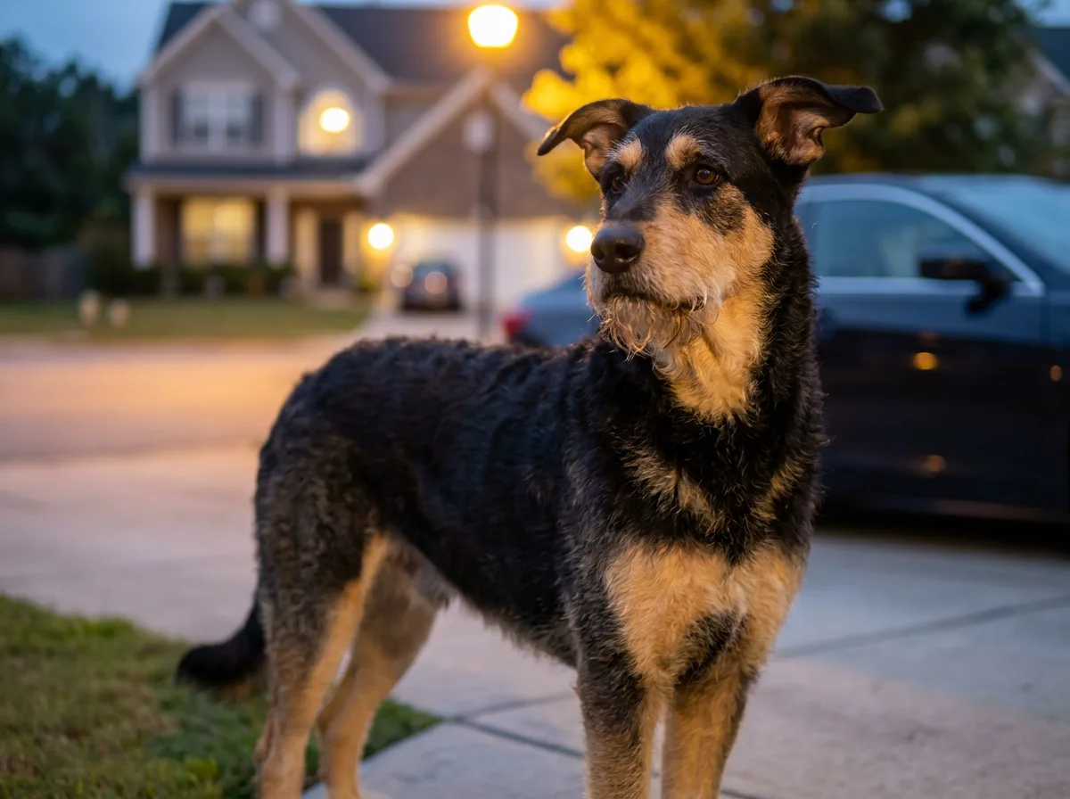 Black and tan Shepadoodle with a Shepherd-shaped head, semi-erect ears and a wiry wavy coat on a driveway at dusk