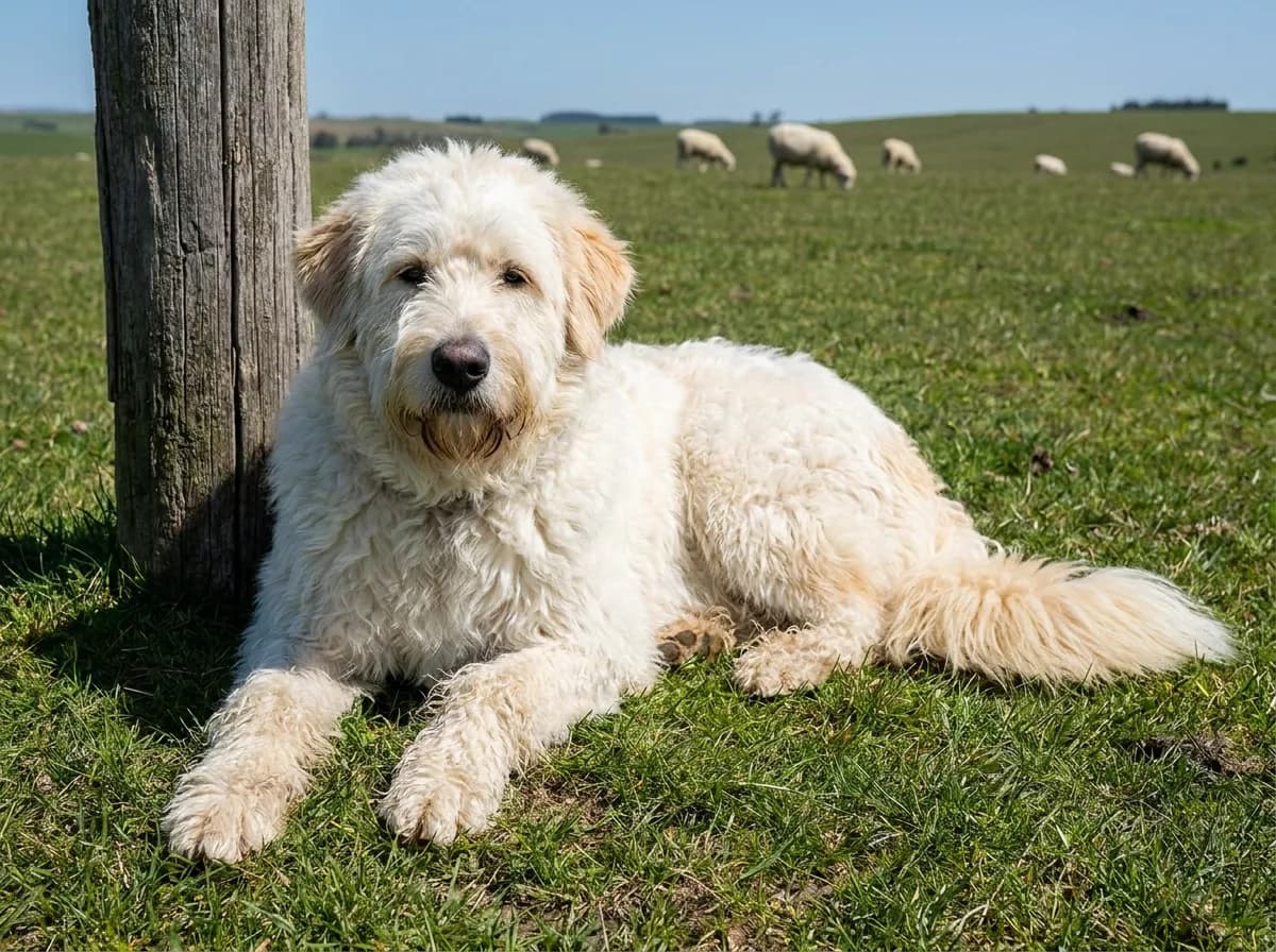 White Pyredoodle, a Great Pyrenees and Poodle cross, with a wavy coat lying by a wooden post in a sheep pasture