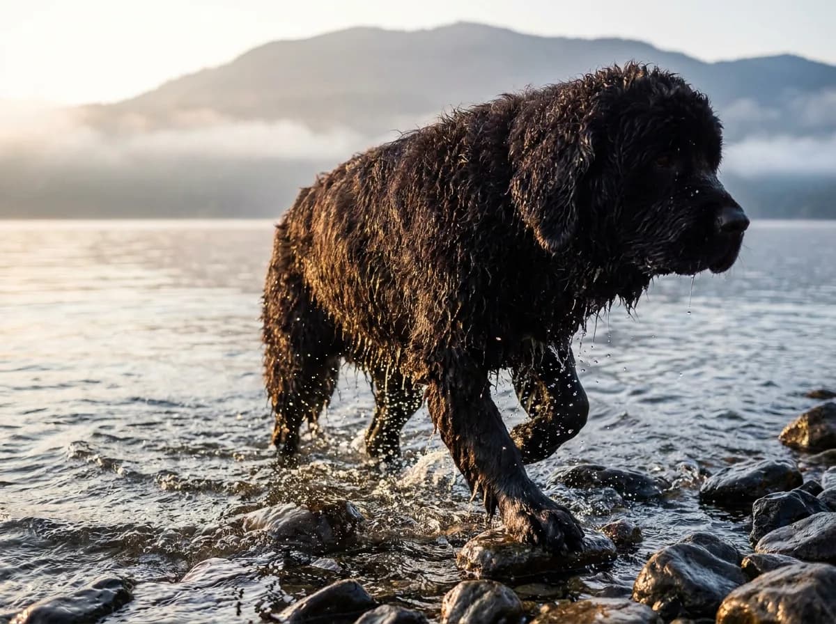 Wet black Newfypoo, a Newfoundland and Poodle cross, with a curly coat stepping out of a lake onto a rocky shore