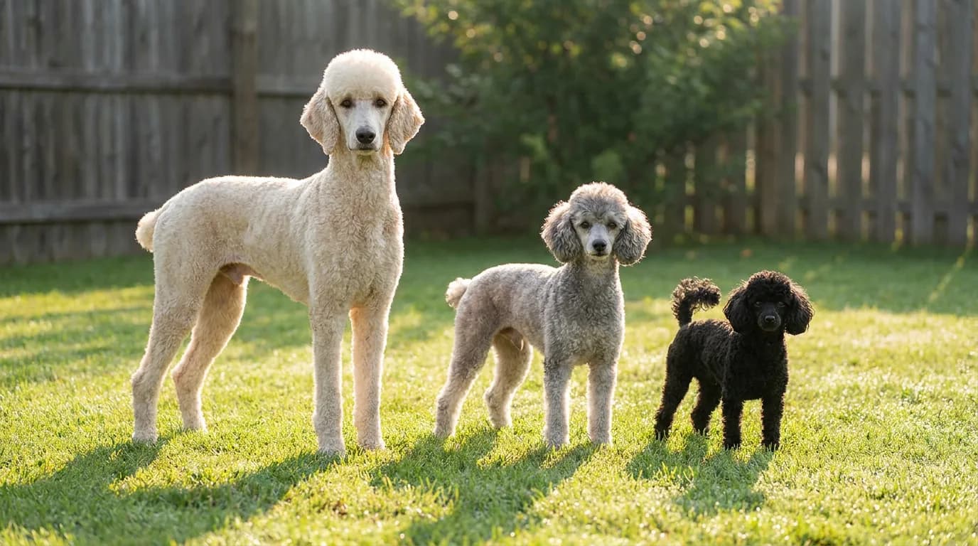 Cream Standard Poodle, silver Miniature Poodle, and black Toy Poodle standing side by side on a sunny backyard lawn