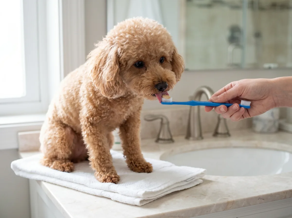 Apricot Toy Poodle on a folded towel by a bathroom sink, licking toothpaste off a toothbrush held by its owner
