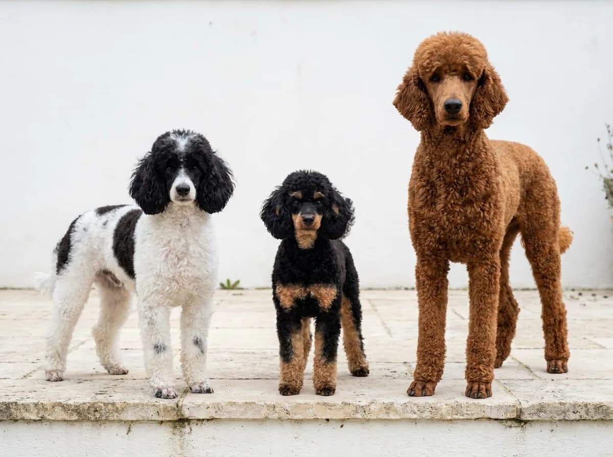 Three Poodles on a stone terrace: one with a black-and-white parti coat, one with tan phantom markings, one with a red coat