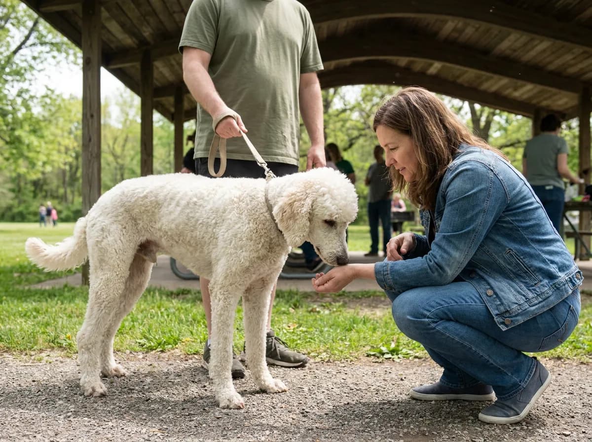 A leashed white Standard Poodle sniffs the hand of a crouching woman under a wooden picnic shelter in a park