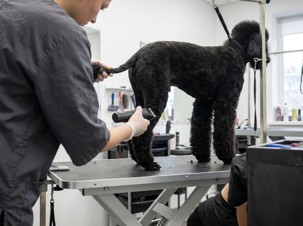 Groomer steadying a black Standard Poodle's tail while clipping its hind leg with a cordless clipper on a grooming table