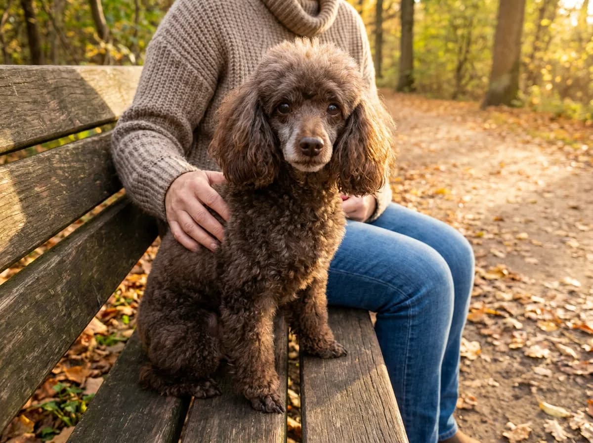 Gray-muzzled senior chocolate Miniature Poodle sitting beside its owner on a wooden park bench on an autumn afternoon