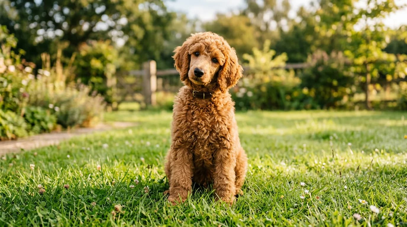 A curly apricot Standard Poodle puppy sitting alert on a grassy lawn in warm morning light, head slightly tilted, looking directly at the camera