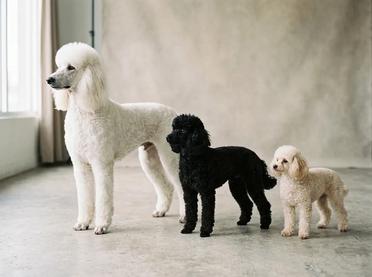 A side-by-side lineup of three poodles of different sizes on a neutral studio background, showing a large Standard, a mid-sized Miniature, and a tiny