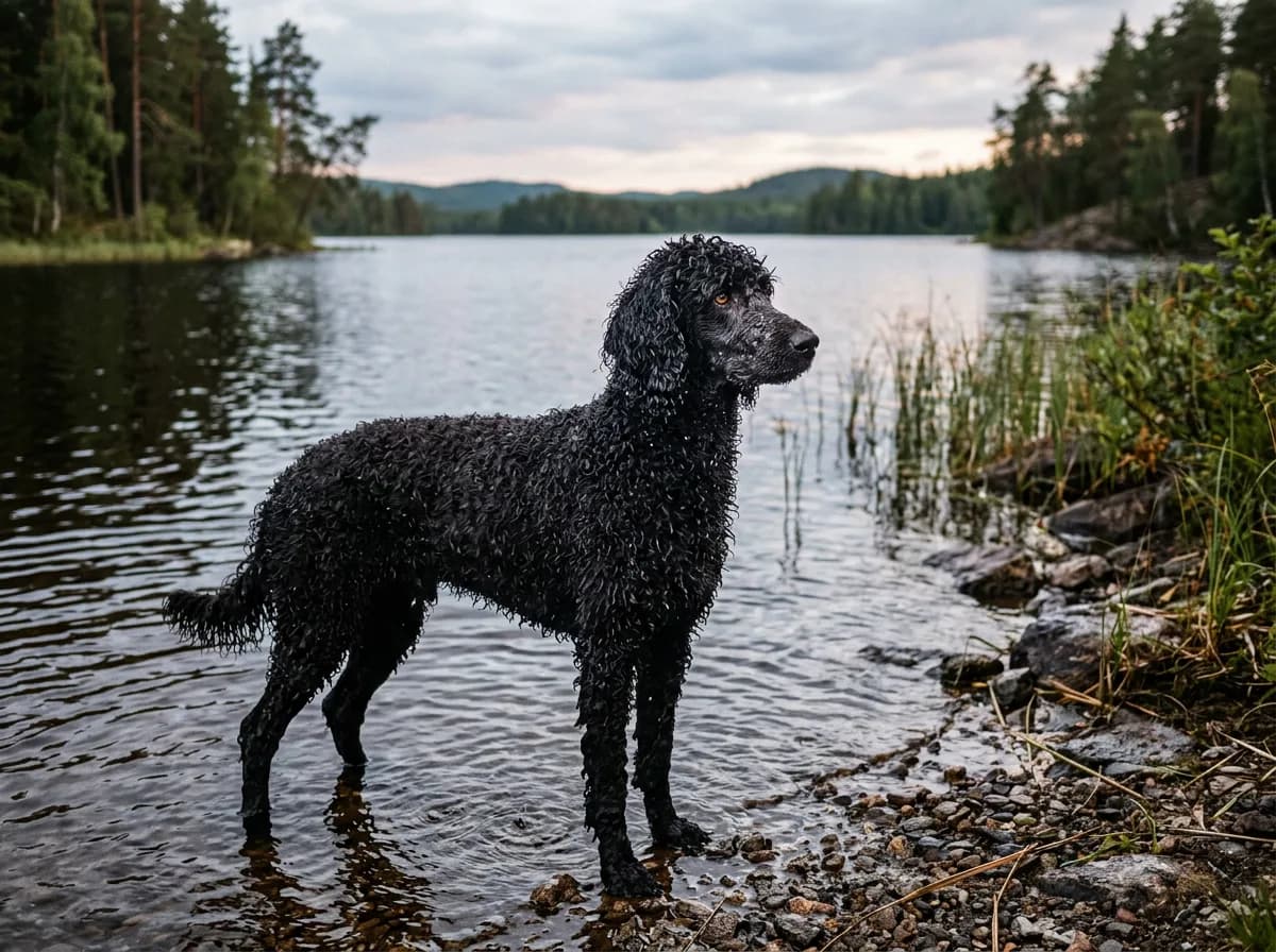 A vintage-style illustration mood photo of a black Standard Poodle standing at the edge of a lake, water droplets on its curly coat, evoking its histo