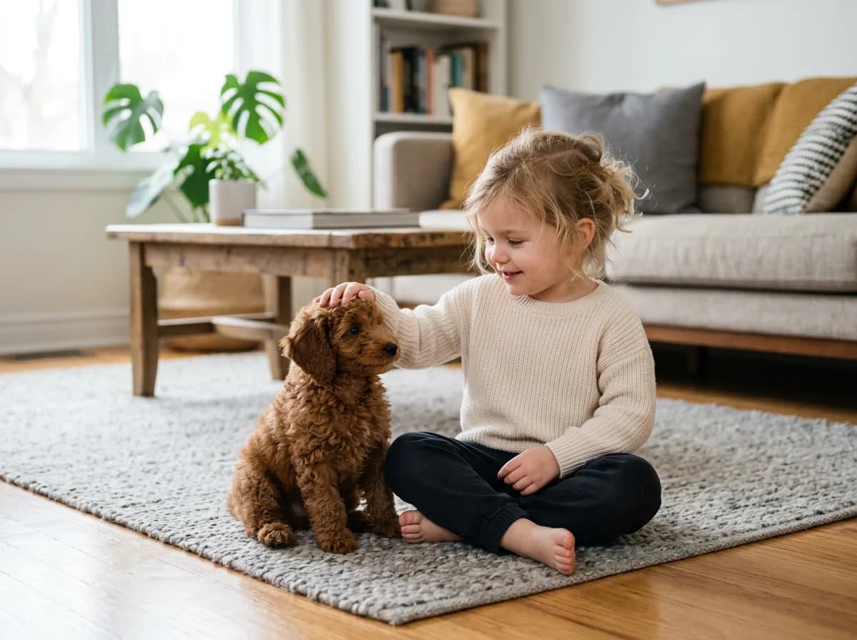 A Miniature Poodle puppy and a young child sitting together on a living-room floor, the child gently petting the puppy, both calm and relaxed