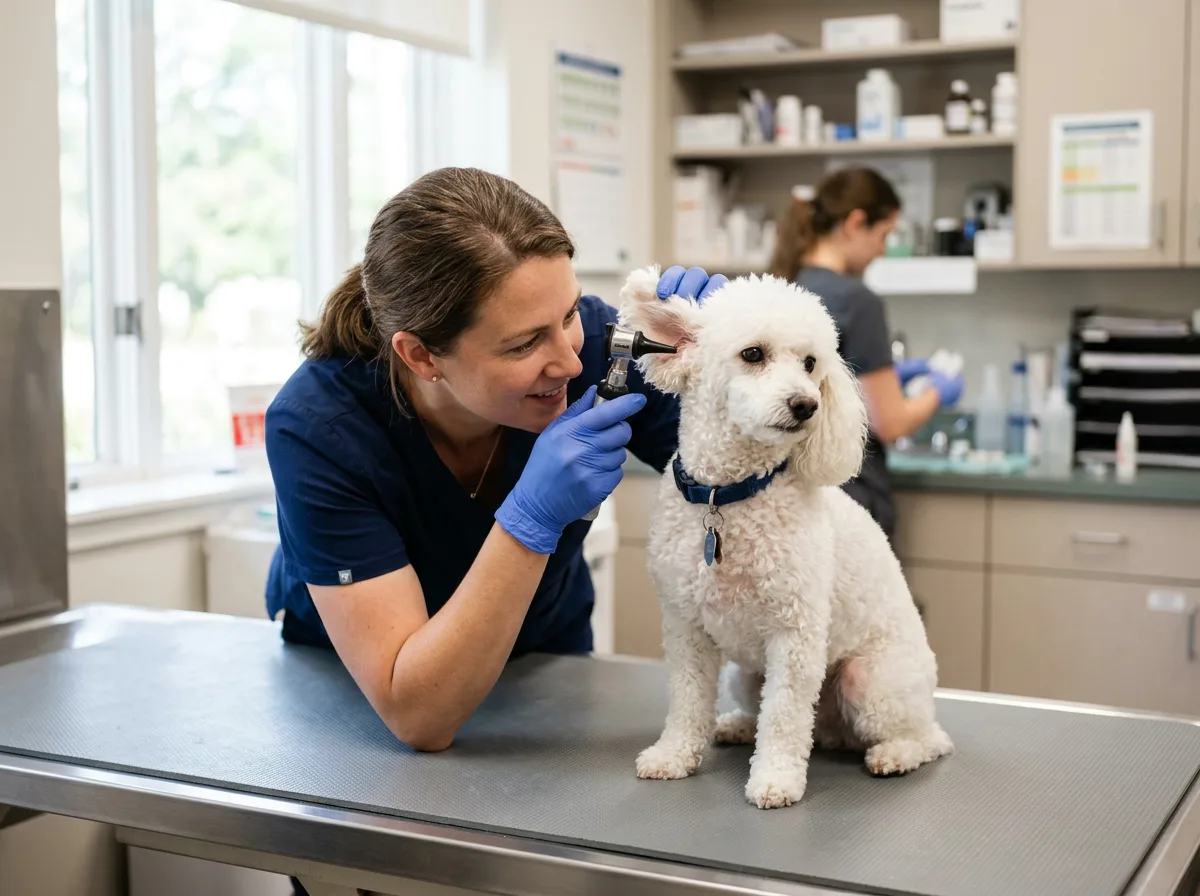 A veterinarian in a clinic gently examining the ear of a white Miniature Poodle on an exam table, the dog calm and cooperative