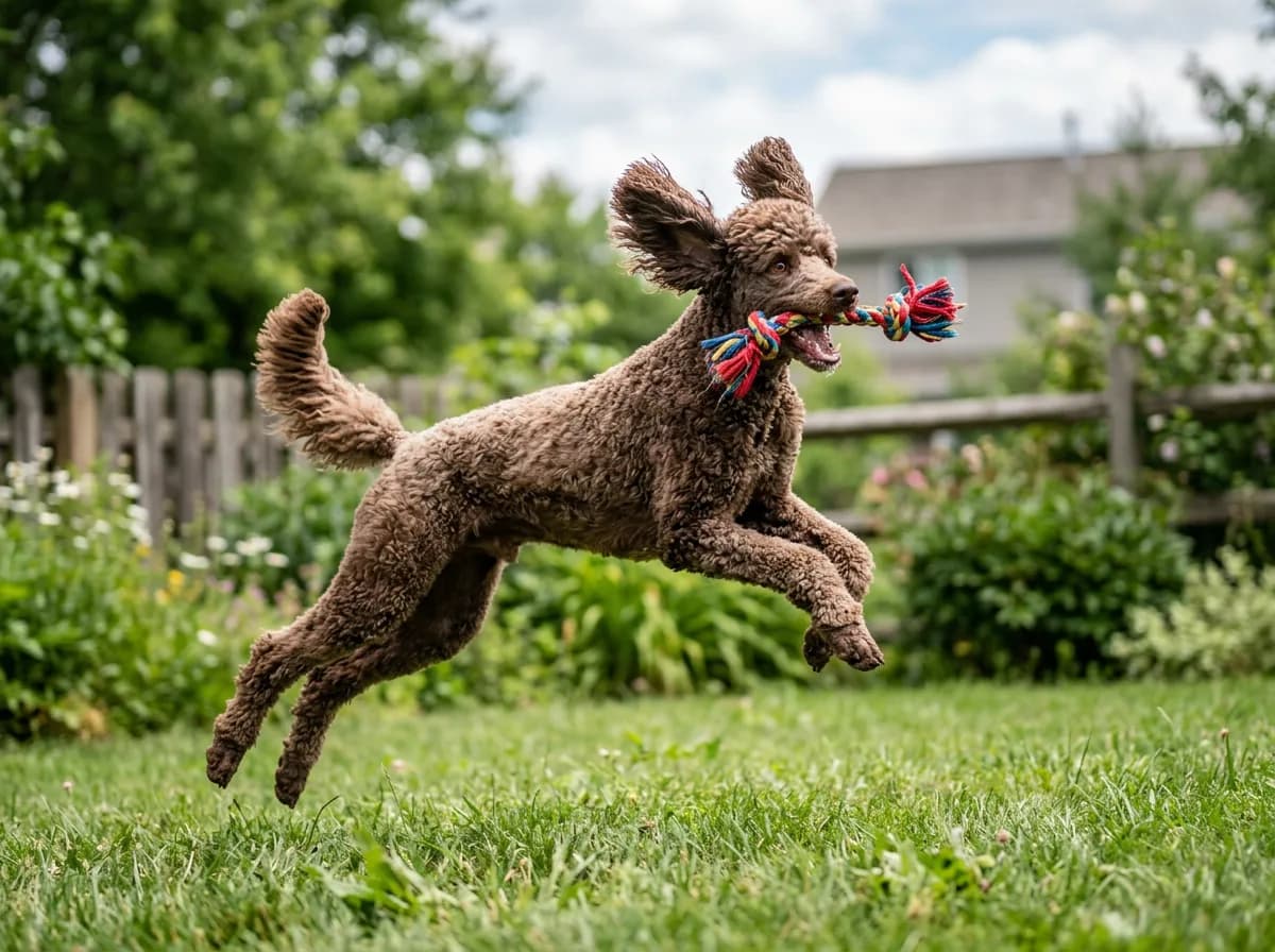 An athletic brown Standard Poodle mid-leap catching a toy in a grassy backyard, ears flying, clearly energetic and engaged
