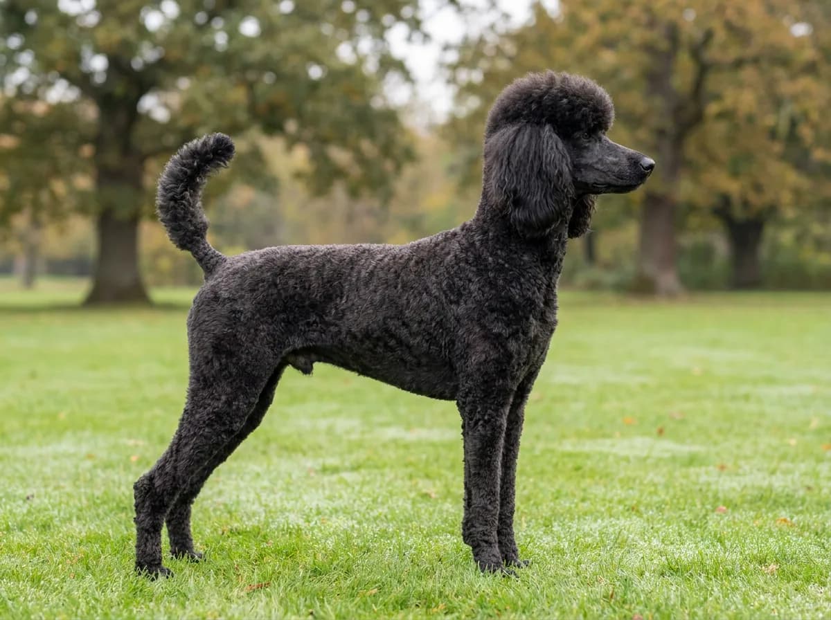 Side view of an adult black Poodle in a short pet clip standing on a park lawn, showing its square outline and long ears