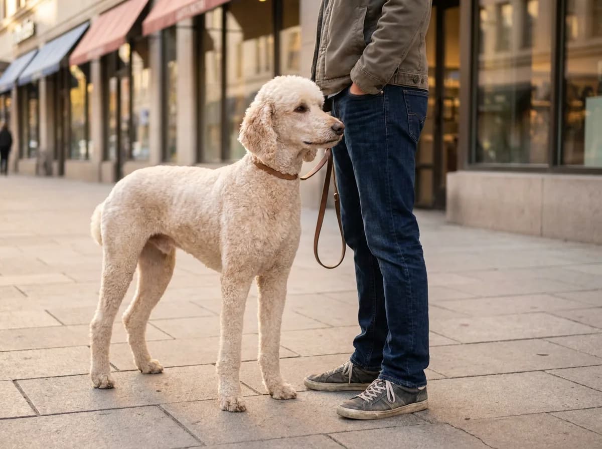 A cream Standard Poodle standing beside its owner on a city sidewalk, its head reaching about the owner's hip