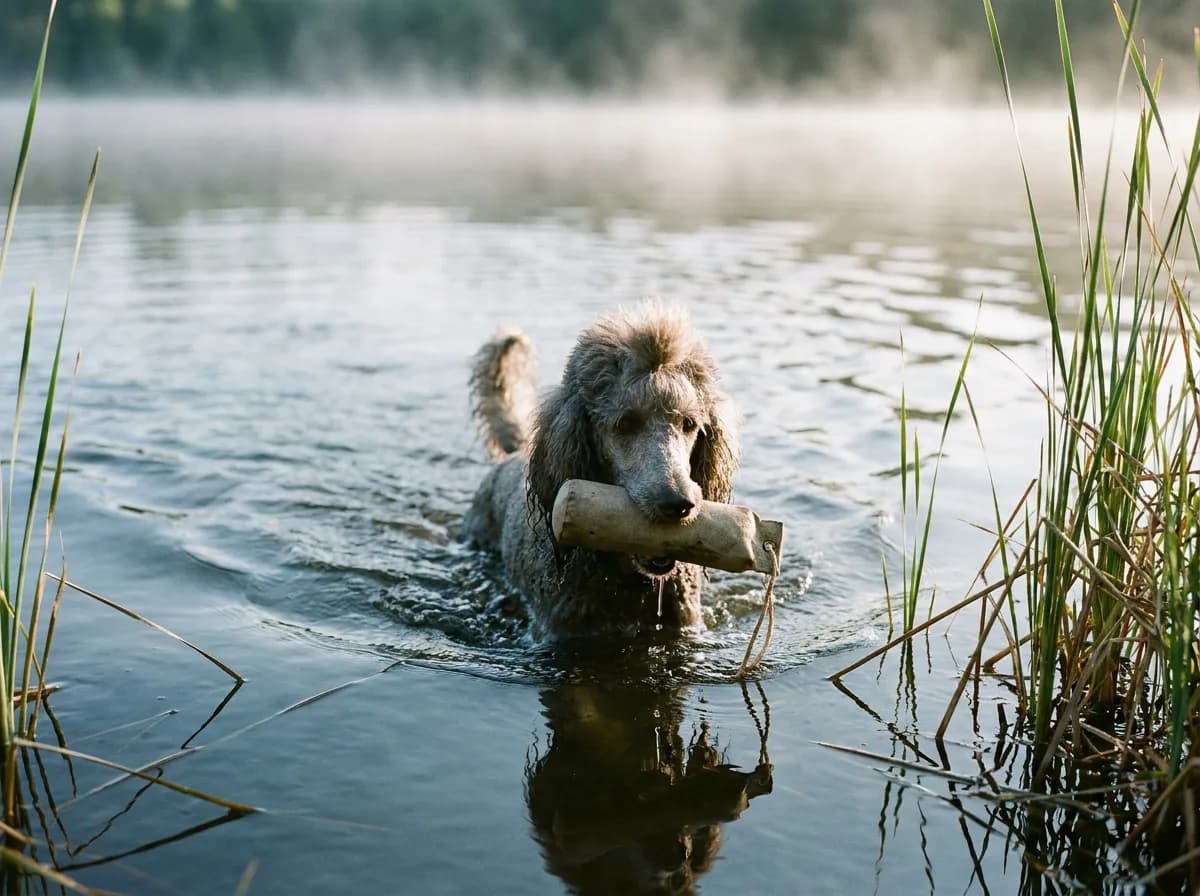 A wet silver Standard Poodle carrying a canvas retrieving dummy through a misty lake, with tall reeds at the edge