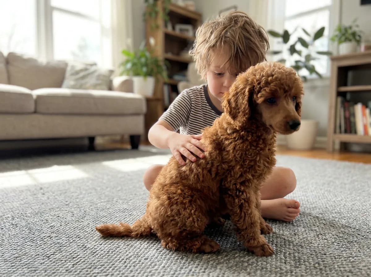 A young child sitting on a living room rug gently stroking a red Poodle puppy with a clipped face