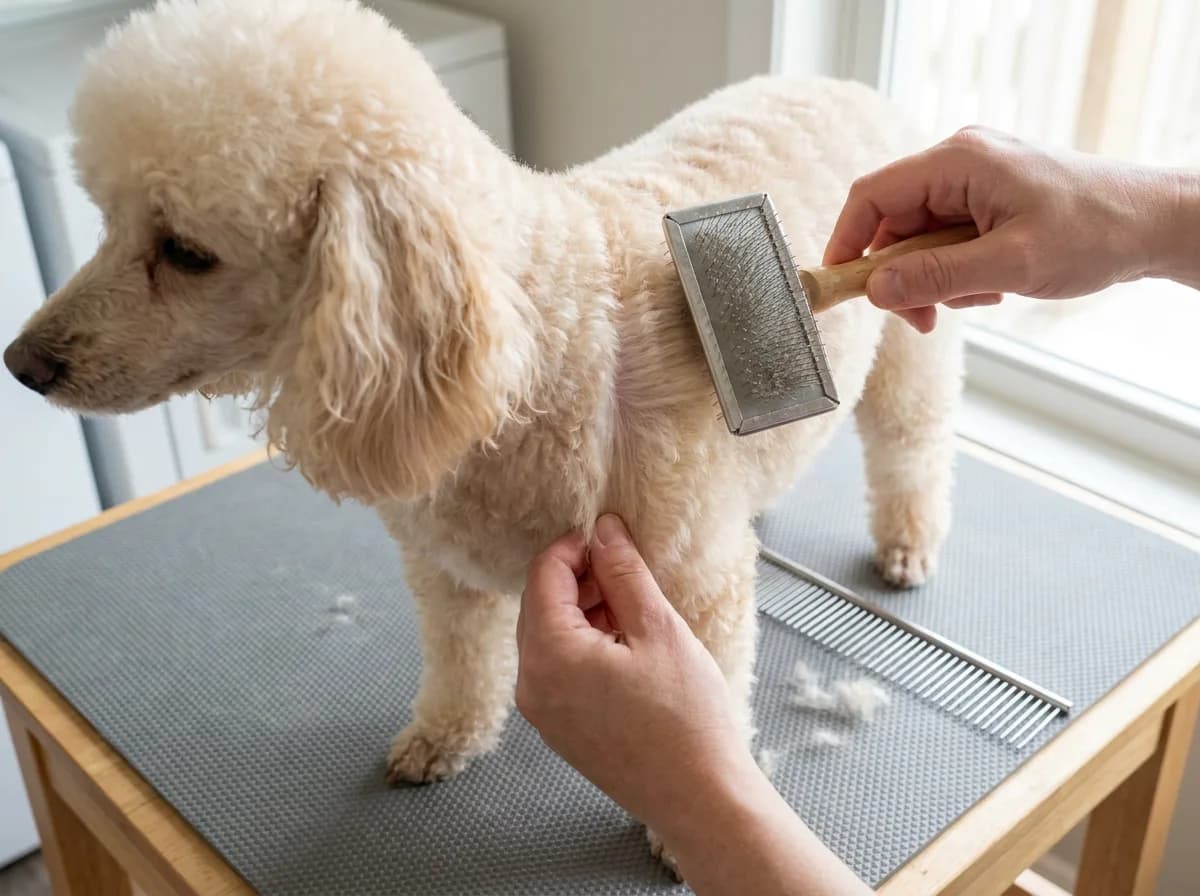 An owner brushing a cream Miniature Poodle's curly coat with a slicker brush on a home grooming table