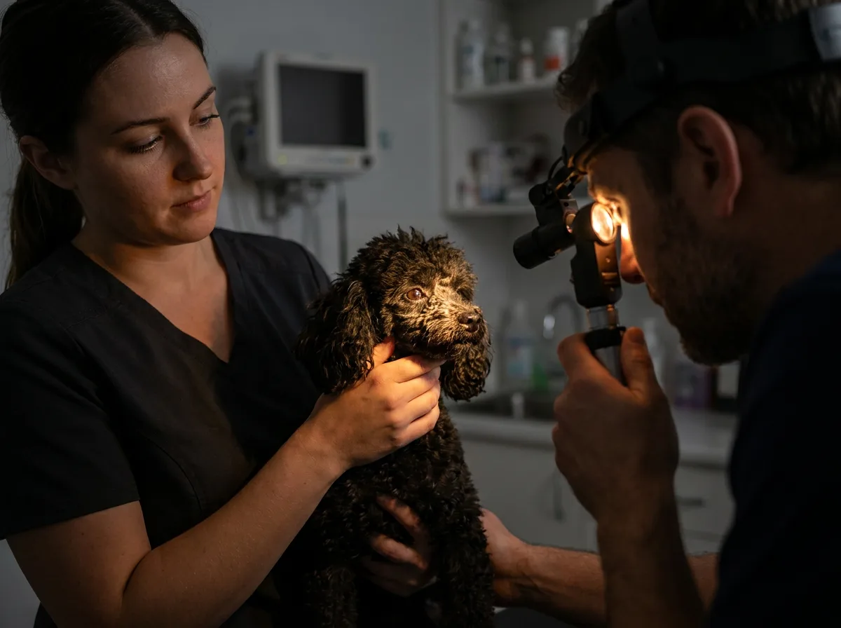 A veterinarian examines a black Toy Poodle's eyes with a handheld instrument while a technician holds the dog