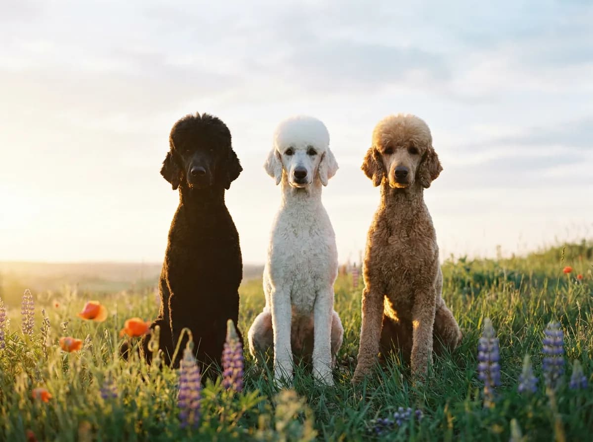 Black, white, and apricot Standard Poodles sitting side by side on a grassy hillside among wildflowers