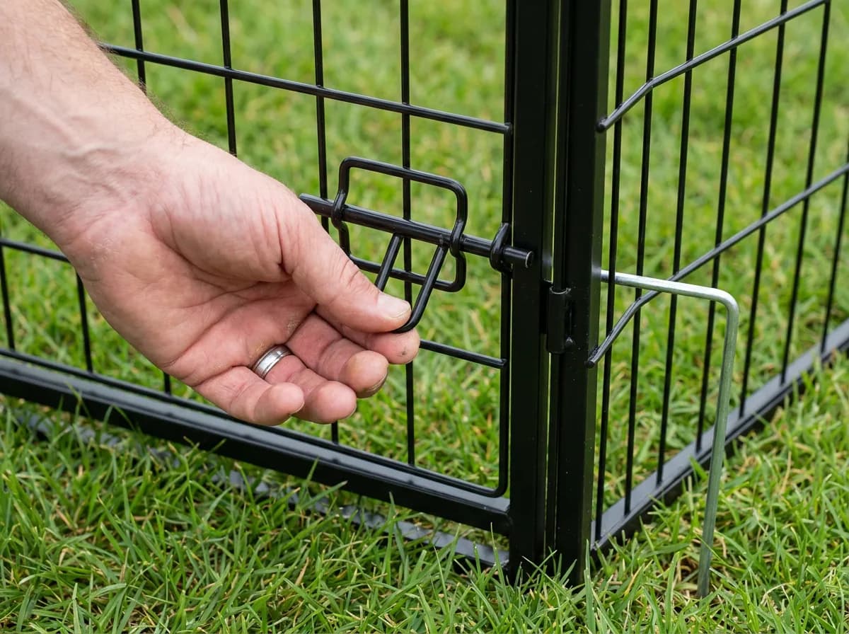 Hand checking the gate latch on a metal portable pen beside a panel connection