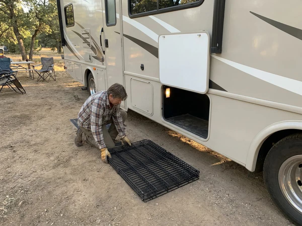 Folded metal pen panels beside an open RV storage compartment